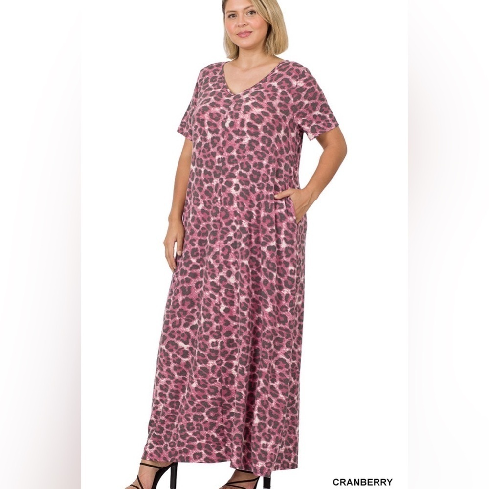 New! Plus Size Pink Leopard Print V Neck Short Sleeve Maxi Dress Size 1X 2X 3X
